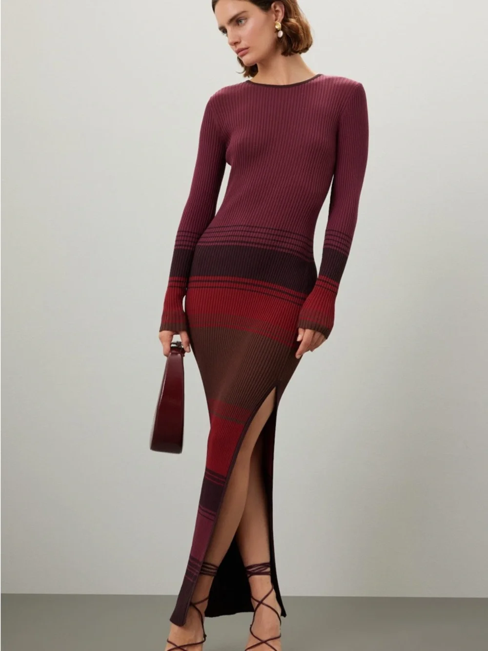 STAUD Maroon Ribbed Long Sleeve Gradient Dress with Red Accents - Picture 3 of 8